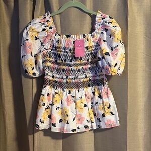 kate spade Puff-Sleeve Smocked Floral Top in White, Pink & Yellow